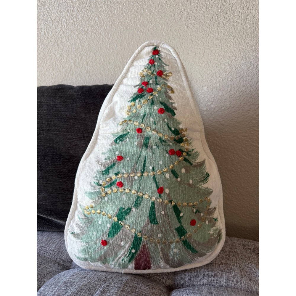 Hallmark Christmas Tree Shaped Throw Pillow Embroidered Pom Poms Gold 12x16